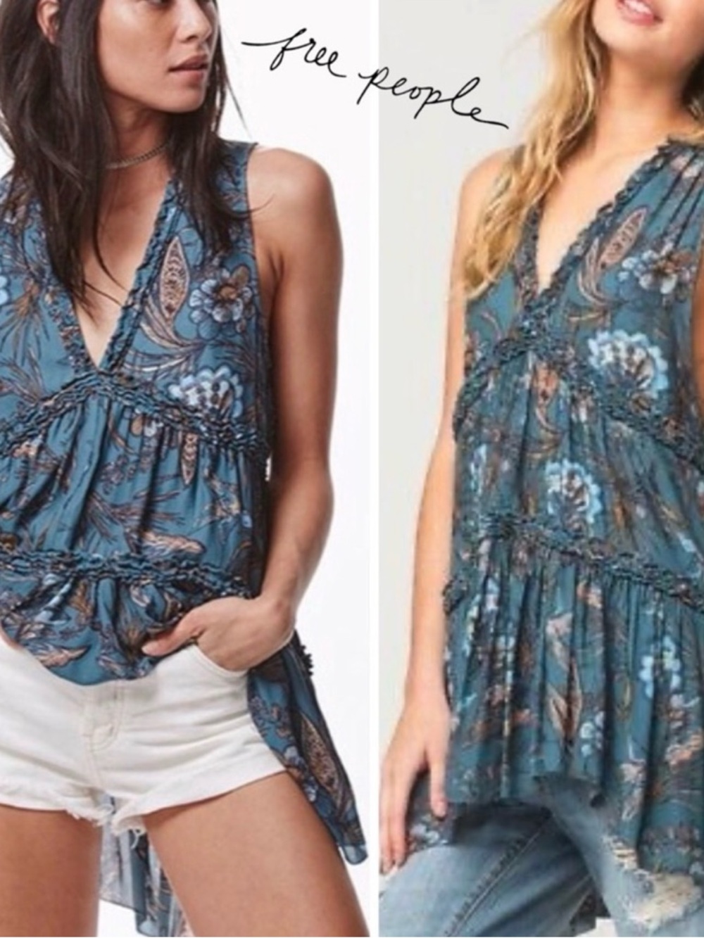 Free People Teal Floral V-Neck Sleeveless Tunic Top. Size S.